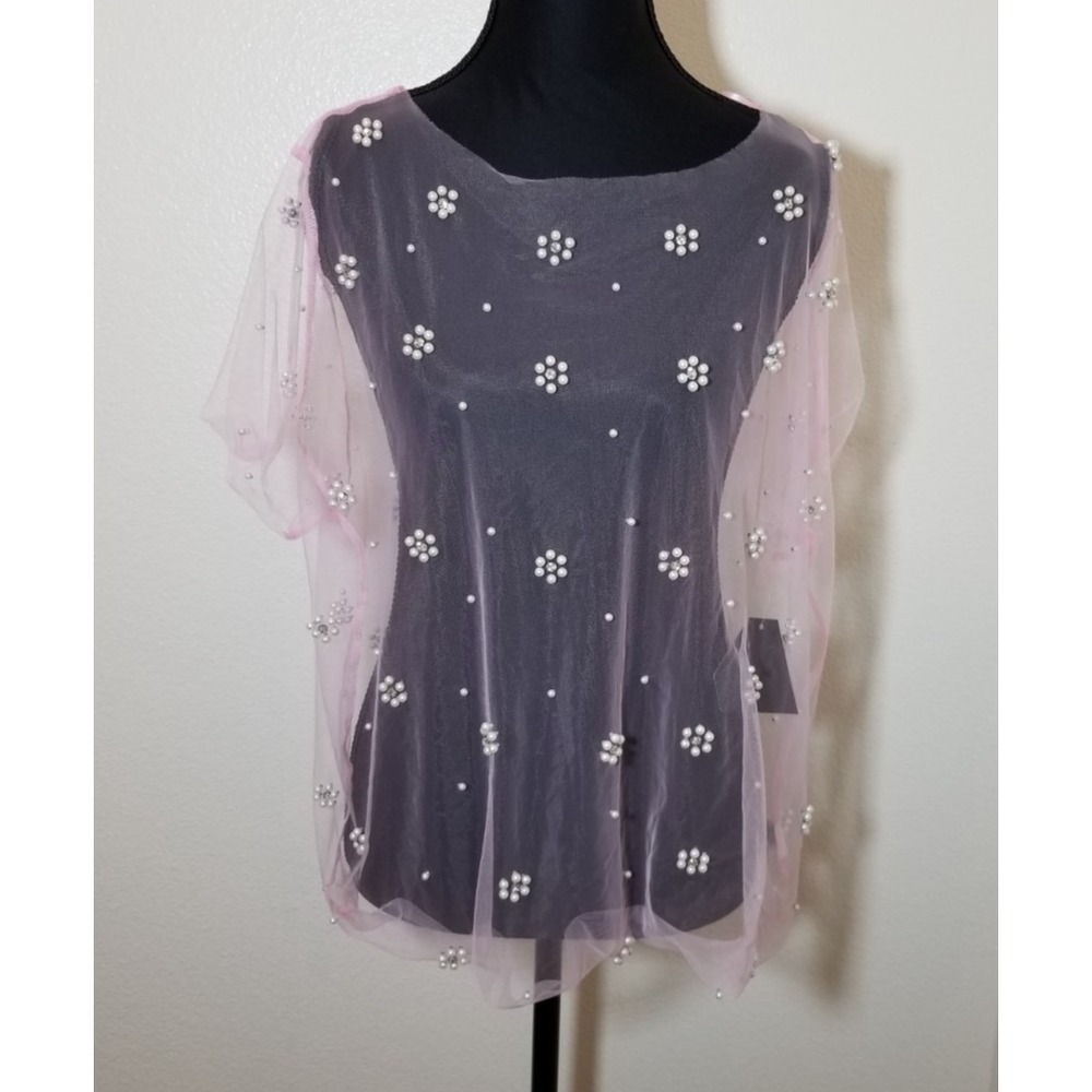 Pink Sheer Mesh Short Sleeve Top Pearl Jewel Flower Tulle Blouse Party Sz 2X NWT